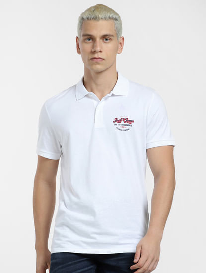 White Logo Print Polo Neck T-shirt