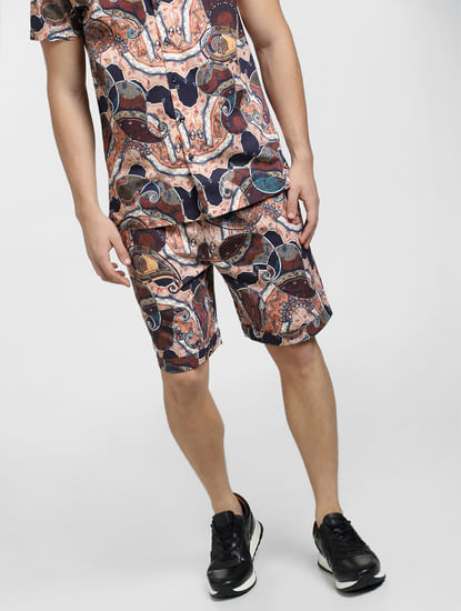 Brown Mid Rise Printed Co-ord Shorts