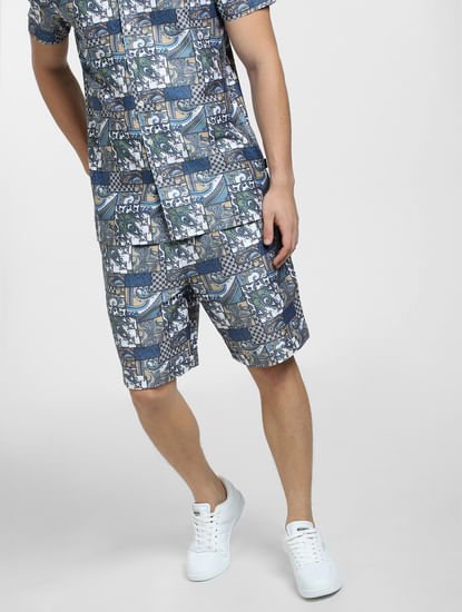 Blue Mid Rise Printed Co-ord Shorts