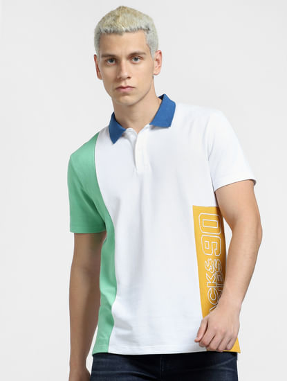 White Colourblocked Polo T-shirt