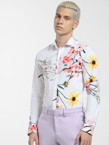 White Floral Print Full Sleeves Shirt