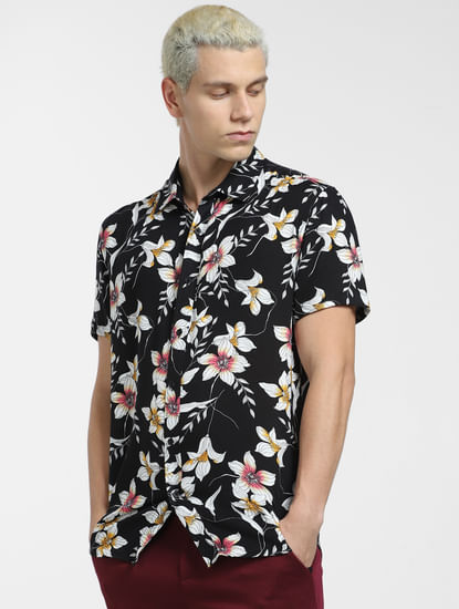 Black Floral Print Short Sleeves Shirt