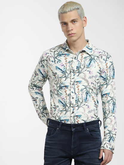 Light Yellow Floral Full Sleeves Shirt