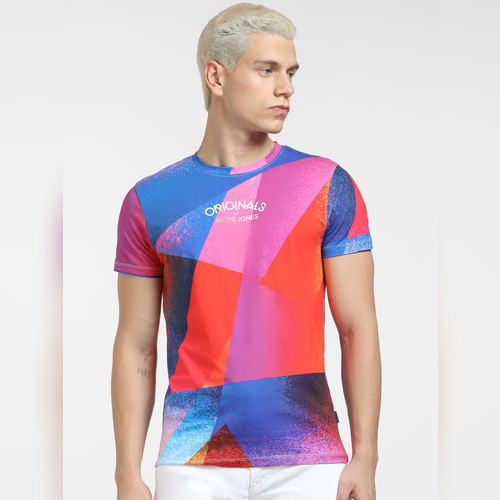 JACK&JONES Blue Printed Crew Neck T-shirt