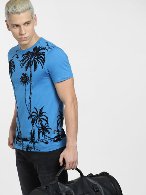 Blue Tropical Print Crew Neck T-shirt