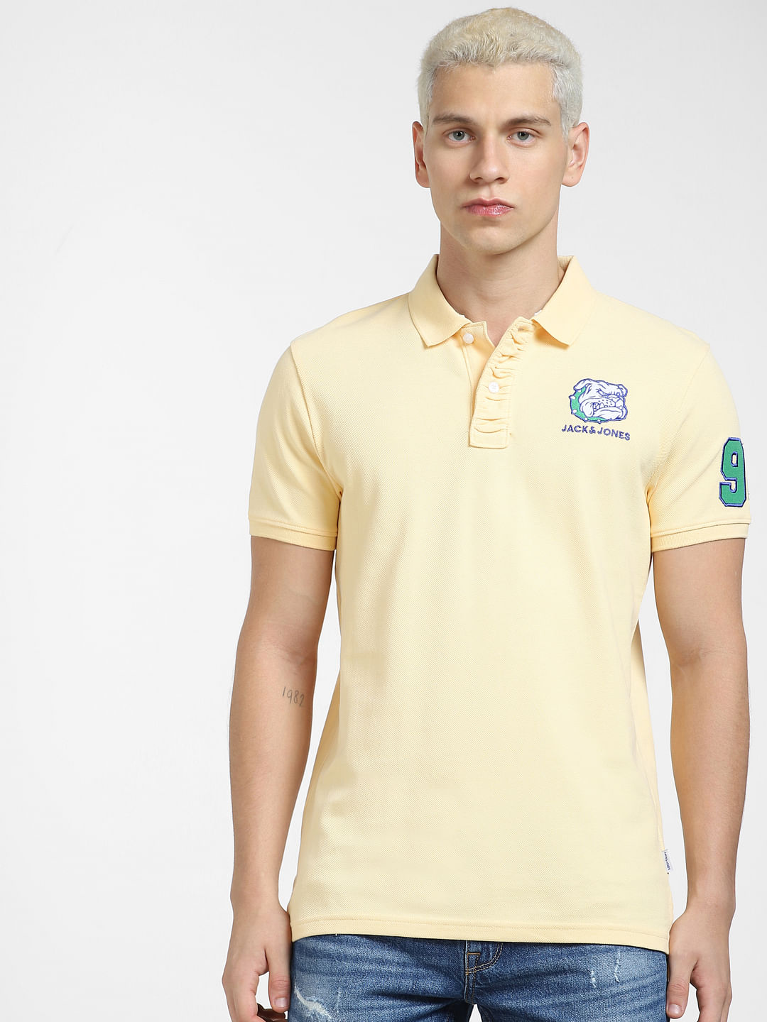 Buy Yellow Embroidered Logo Polo T shirt for Men