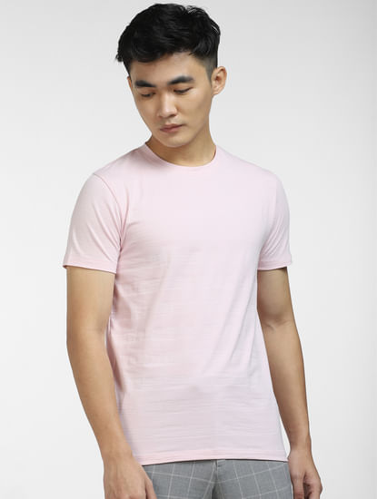 Pink Self-Design Crew Neck T-shirt
