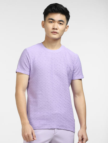 Purple Self-Design Crew Neck T-shirt
