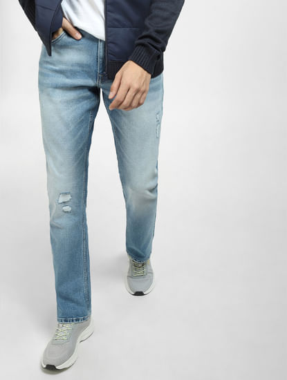 Light Blue Mid Rise Distressed Regular Fit Jeans