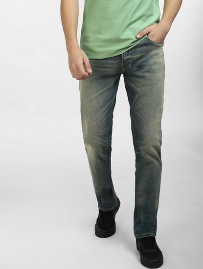 Blue Low Rise Heavily Washed Slim Fit Jeans