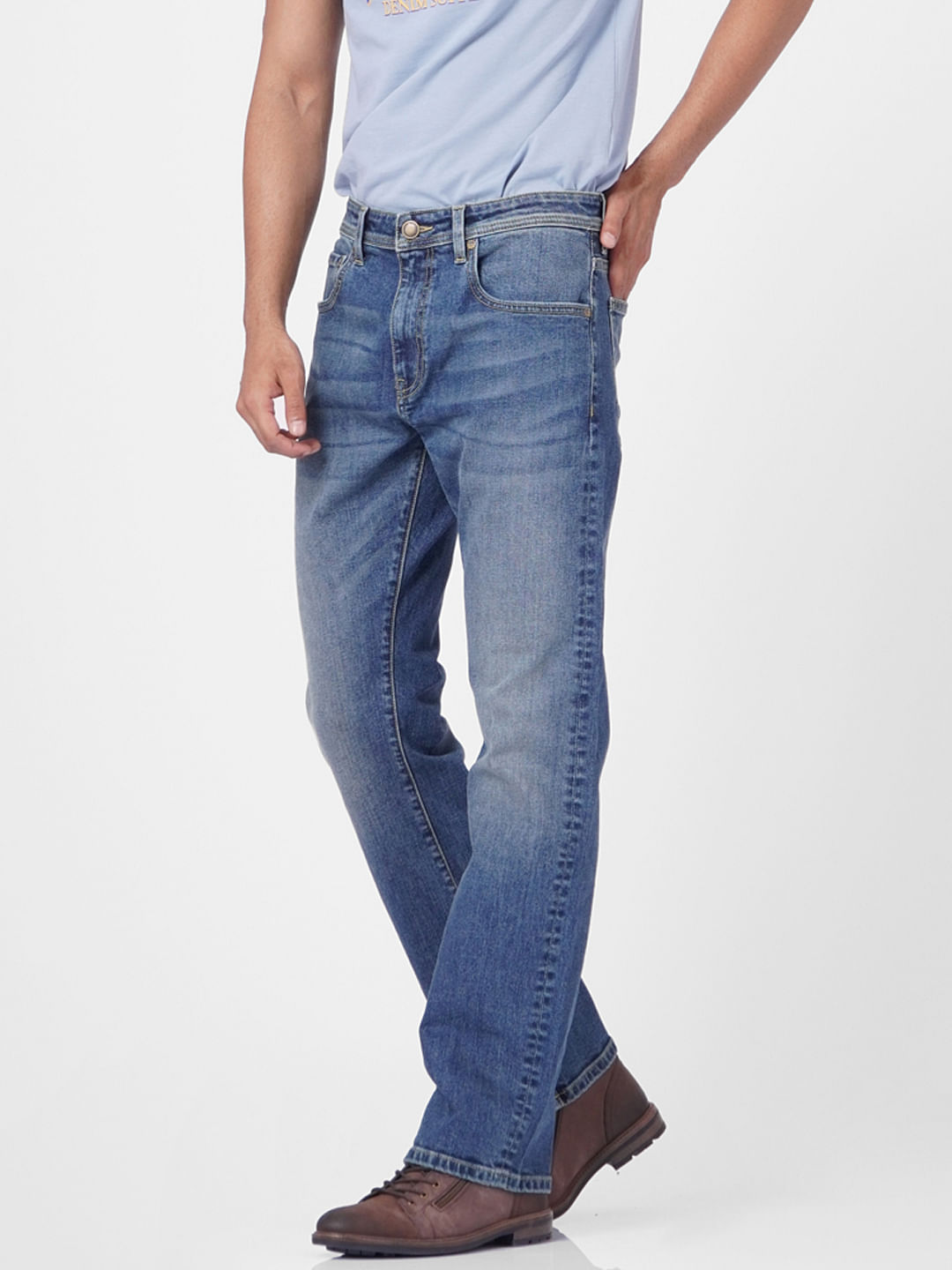 Button Mens Faded Boot Cut Denim Jeans Waist Size 2836