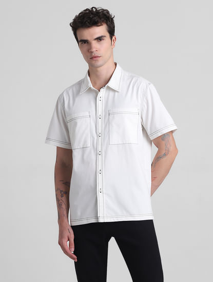 Beige Contrast Stitch Short Sleeves Shirt