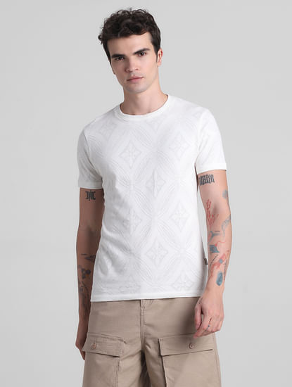 White Printed Jacquard Cotton T-shirt