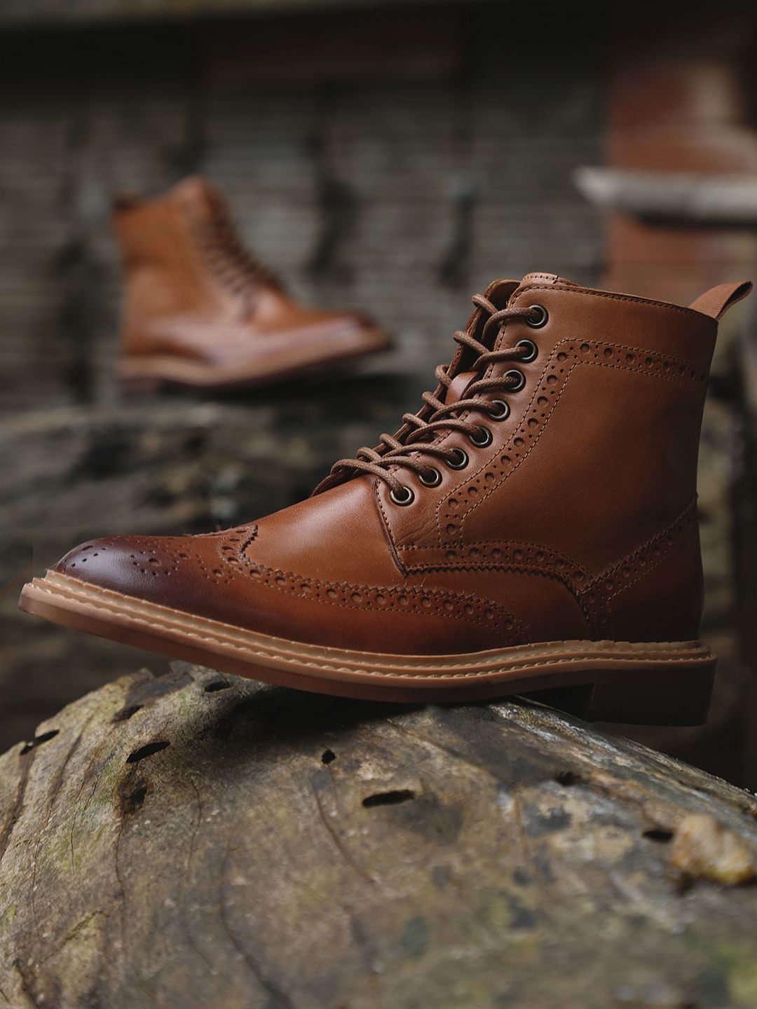 Brown Brogue Wingtip Leather Boots