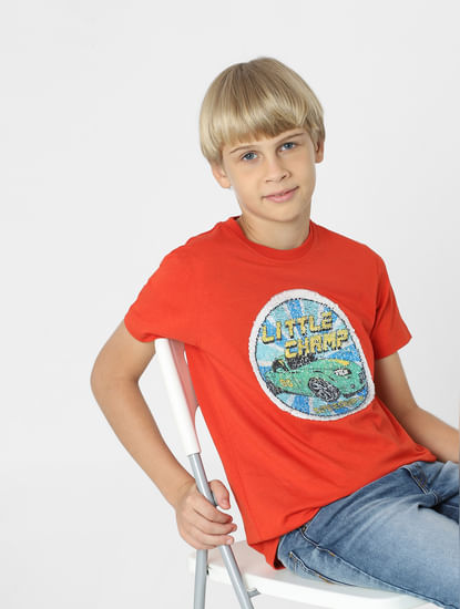 BOYS Red Sequin Detail Printed T-shirt