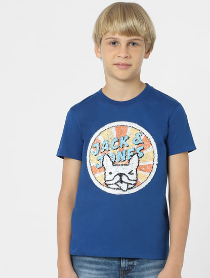 BOYS Blue Sequin Detail Printed T-shirt