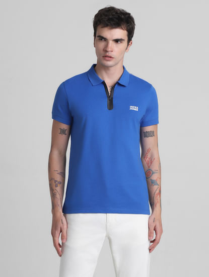 Dark Blue Zip Detail Polo T-Shirt