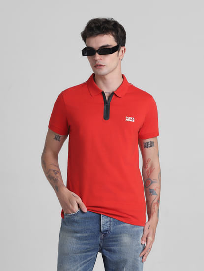 Red Zip Detail Polo T-Shirt