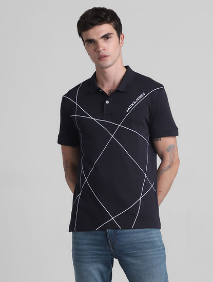 Black Printed Cotton Polo T-shirt