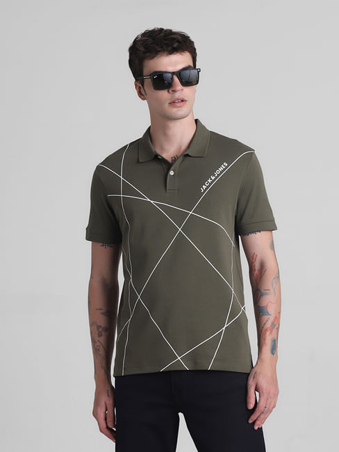 Olive Printed Cotton Polo T-shirt