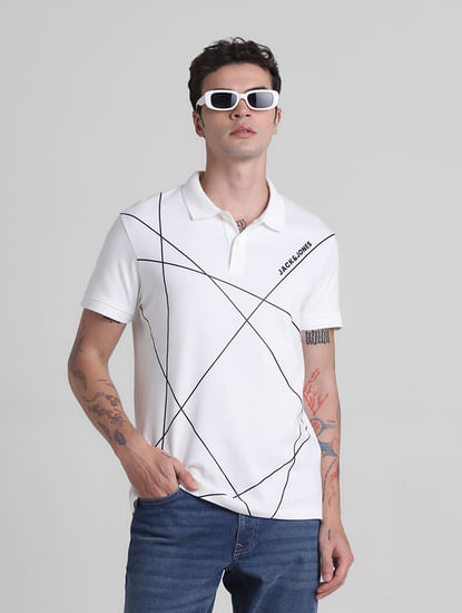 White Printed Cotton Polo T-shirt