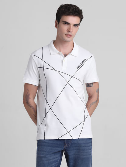White Printed Cotton Polo T-shirt