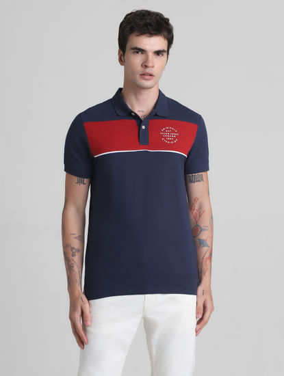Red Colourblocked Contrast Tipping Polo