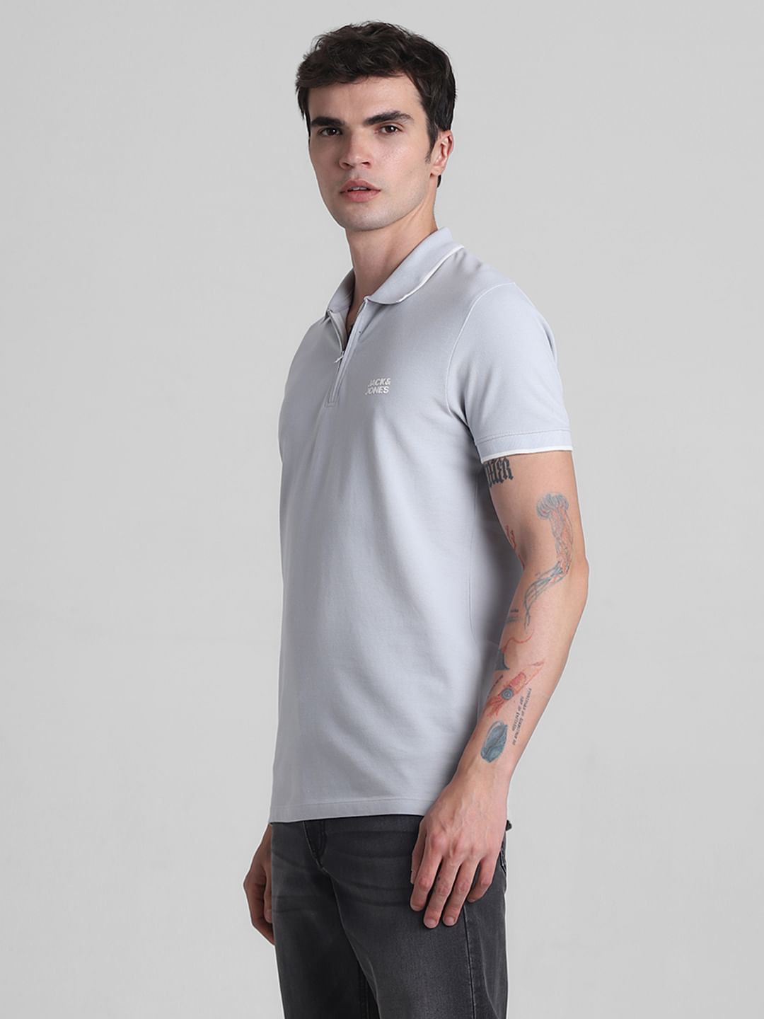 Grey zip polo shirt best sale