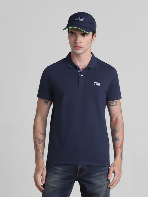 Blue Ribbed Sleeves Polo T-Shirt