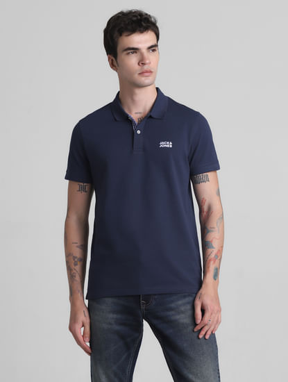 Blue Ribbed Sleeves Polo T-Shirt