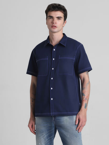 Blue Contrast Stitch Oversized Shirt