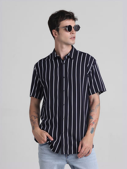 Black Striped Cotton Short Sleeves Shirt