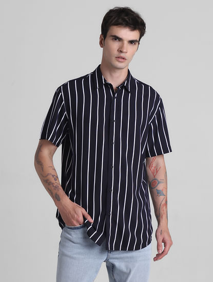 Black Striped Cotton Short Sleeves Shirt
