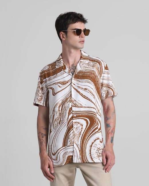 Brown Abstract Print Short Sleeves Shirt
