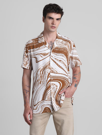 Brown Abstract Print Short Sleeves Shirt