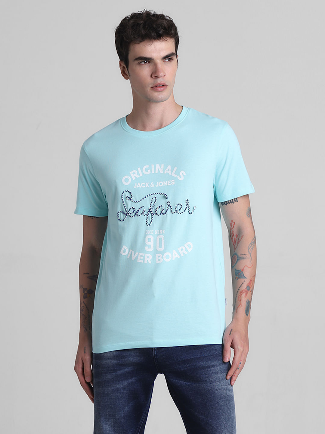 Blue Embroidered Crew Neck T-shirt