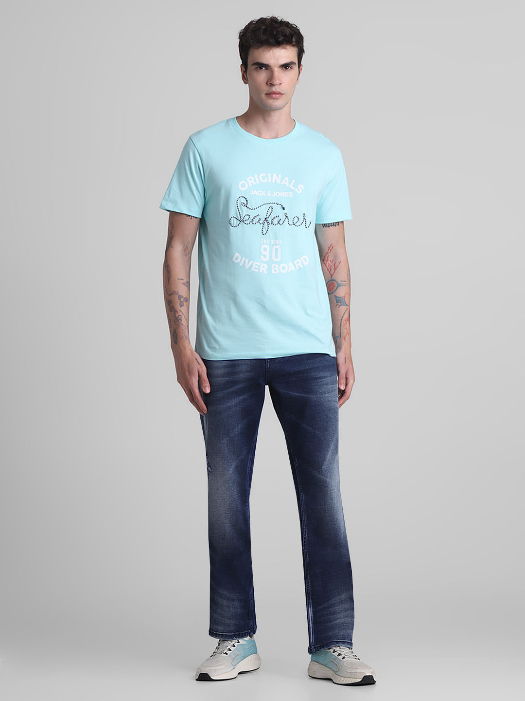 Blue Embroidered Crew Neck T-shirt