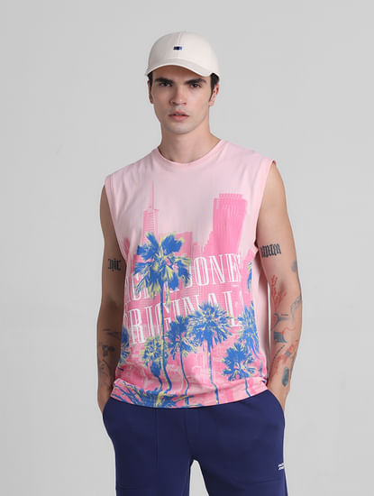 Pink Tropical Print Sleeveless T-shirt