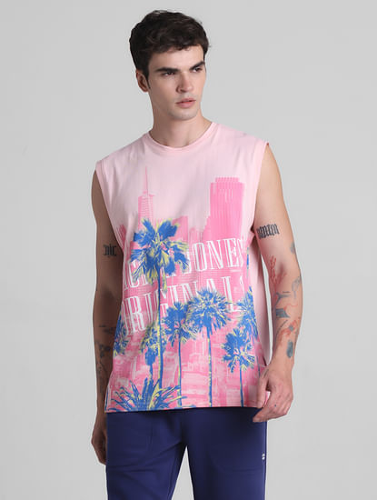 Pink Tropical Print Sleeveless T-shirt