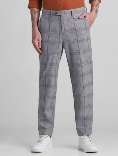 Grey Mid Rise Check Print Trousers