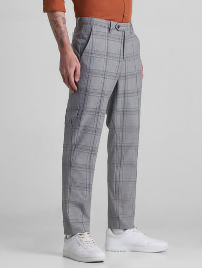 Grey Mid Rise Check Print Trousers
