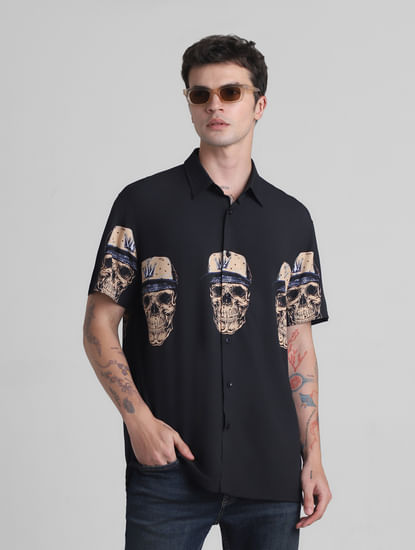 Black Embellished Print Short Sleeves Shirt