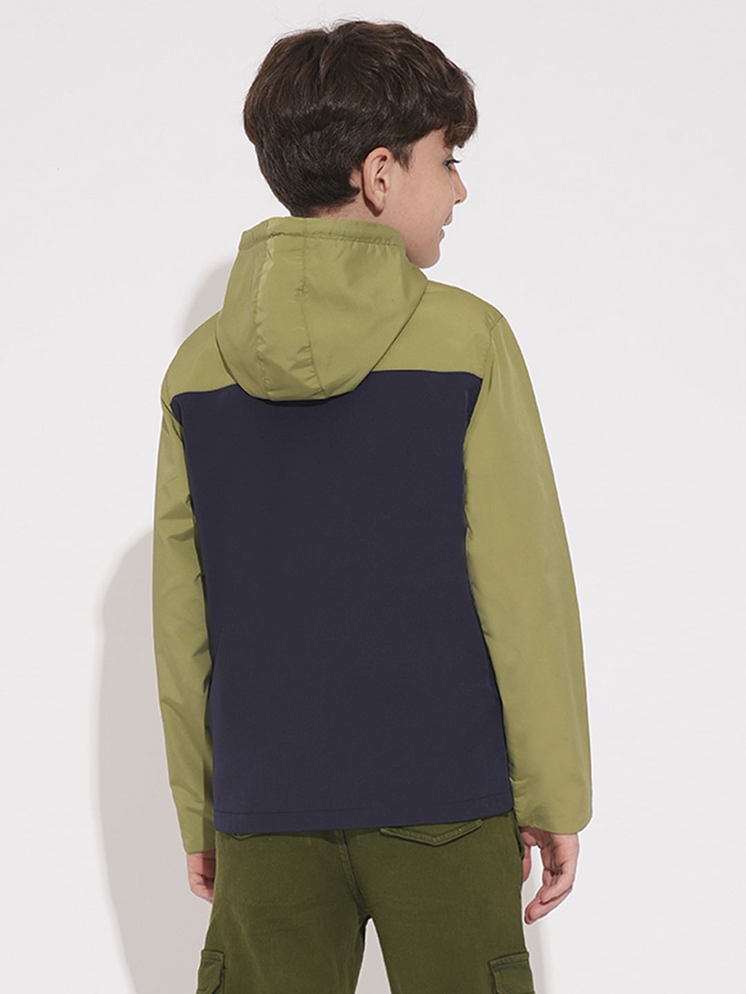 Boys Green Colourblocked Hooded Windcheater