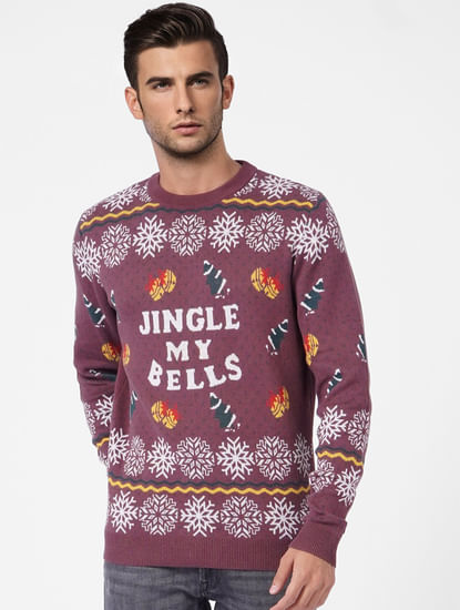 Maroon Christmas Printed Pullover 