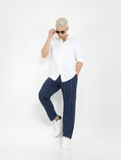 Navy Blue Mid Rise Striped Pants