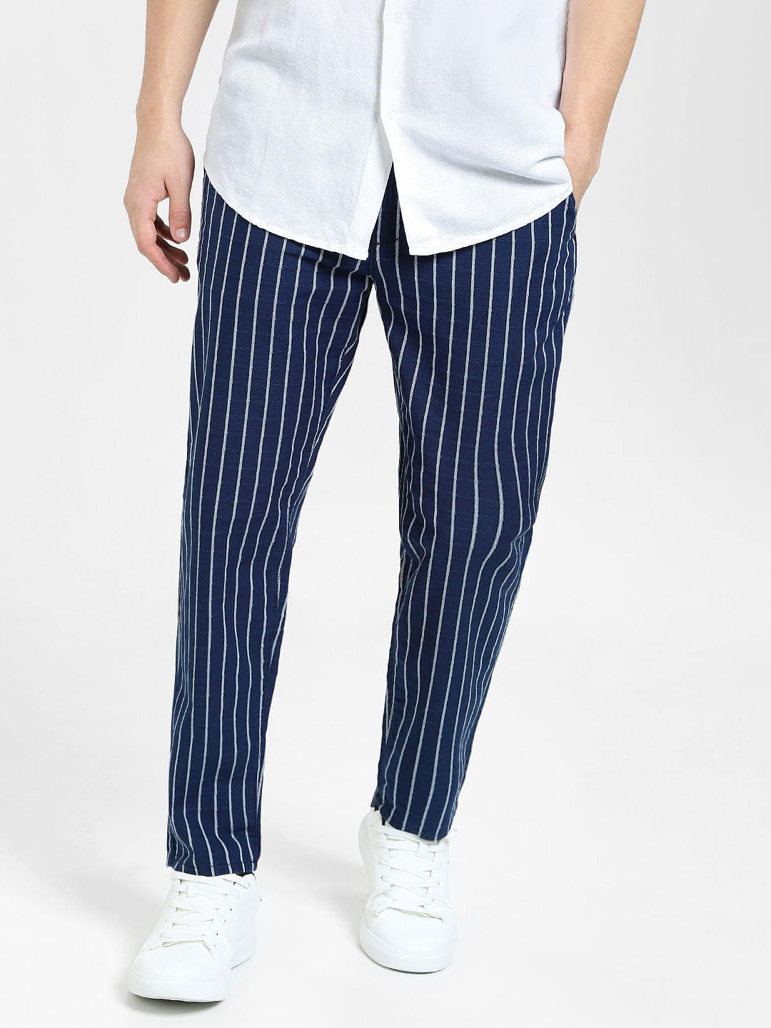 Bleached Cedar Navy Blue Textured Regular Fit Terry Rayon Pant For Men