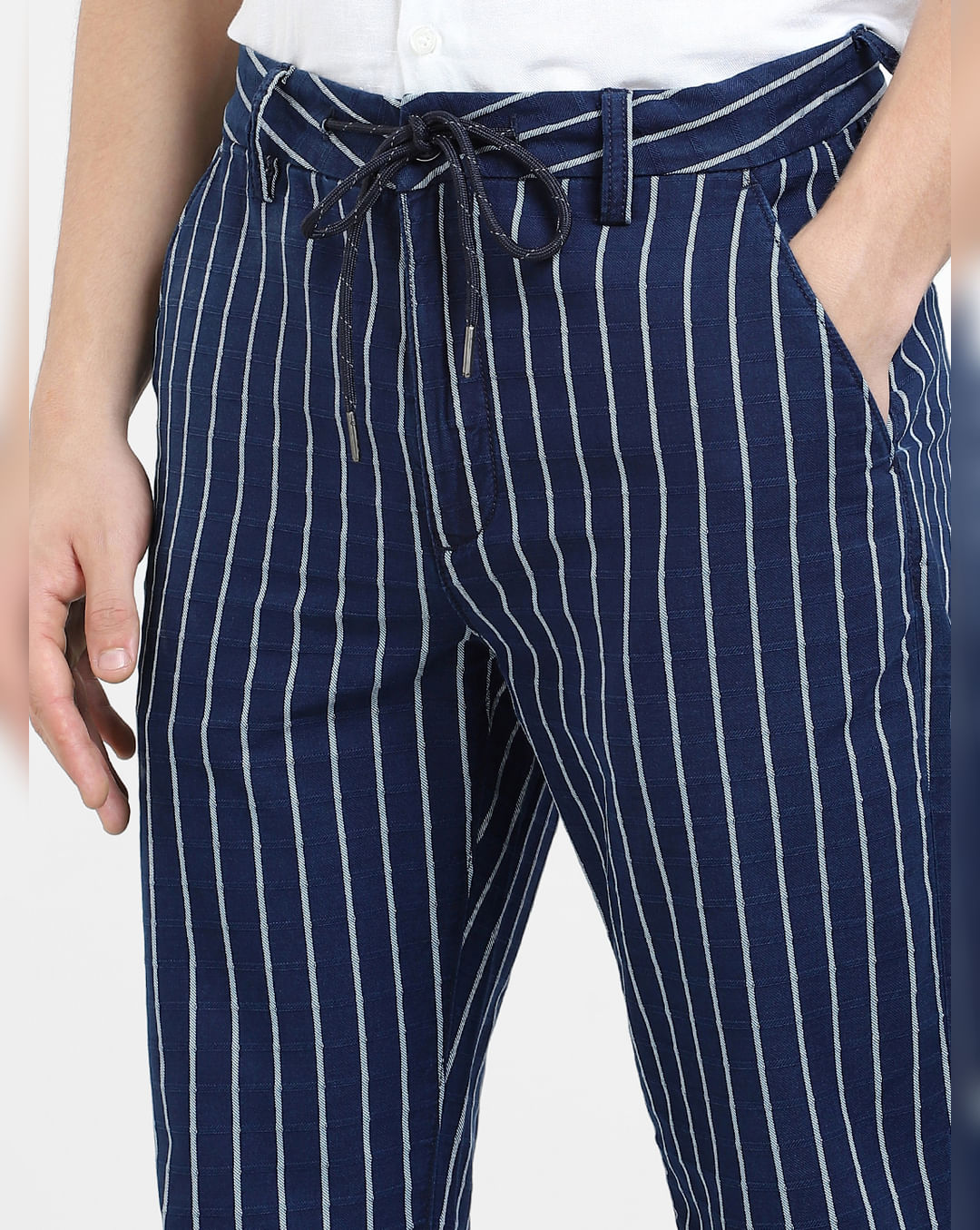 Buy Navy Blue Mid Rise Striped Pants for Men