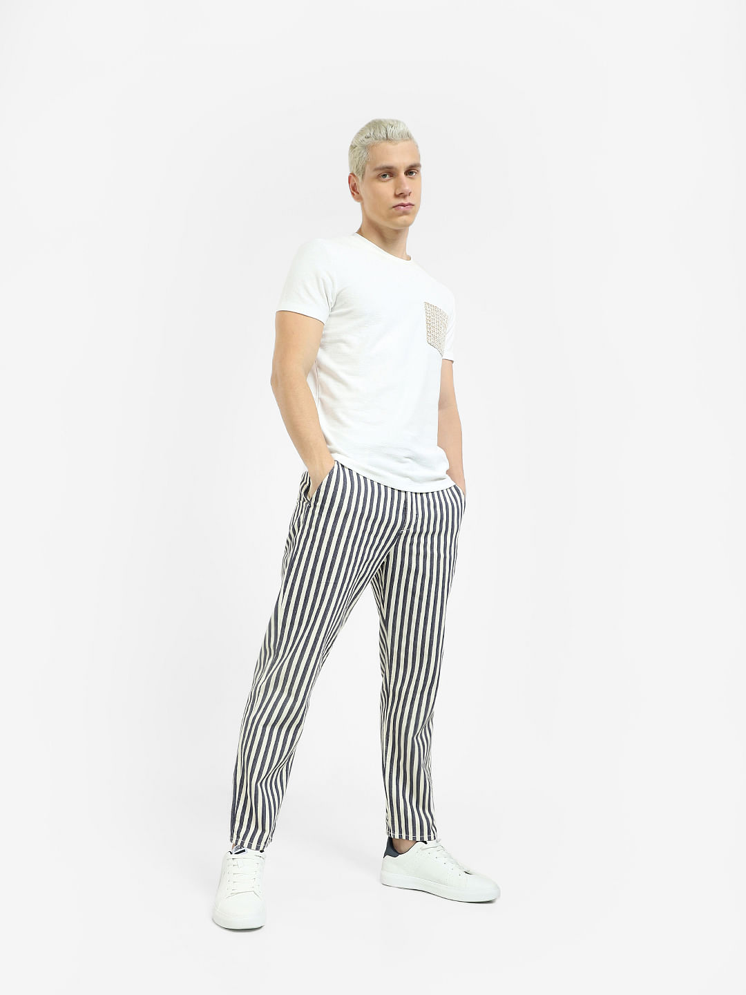 Light Grey striped Cotton Blend flat-front Trousers