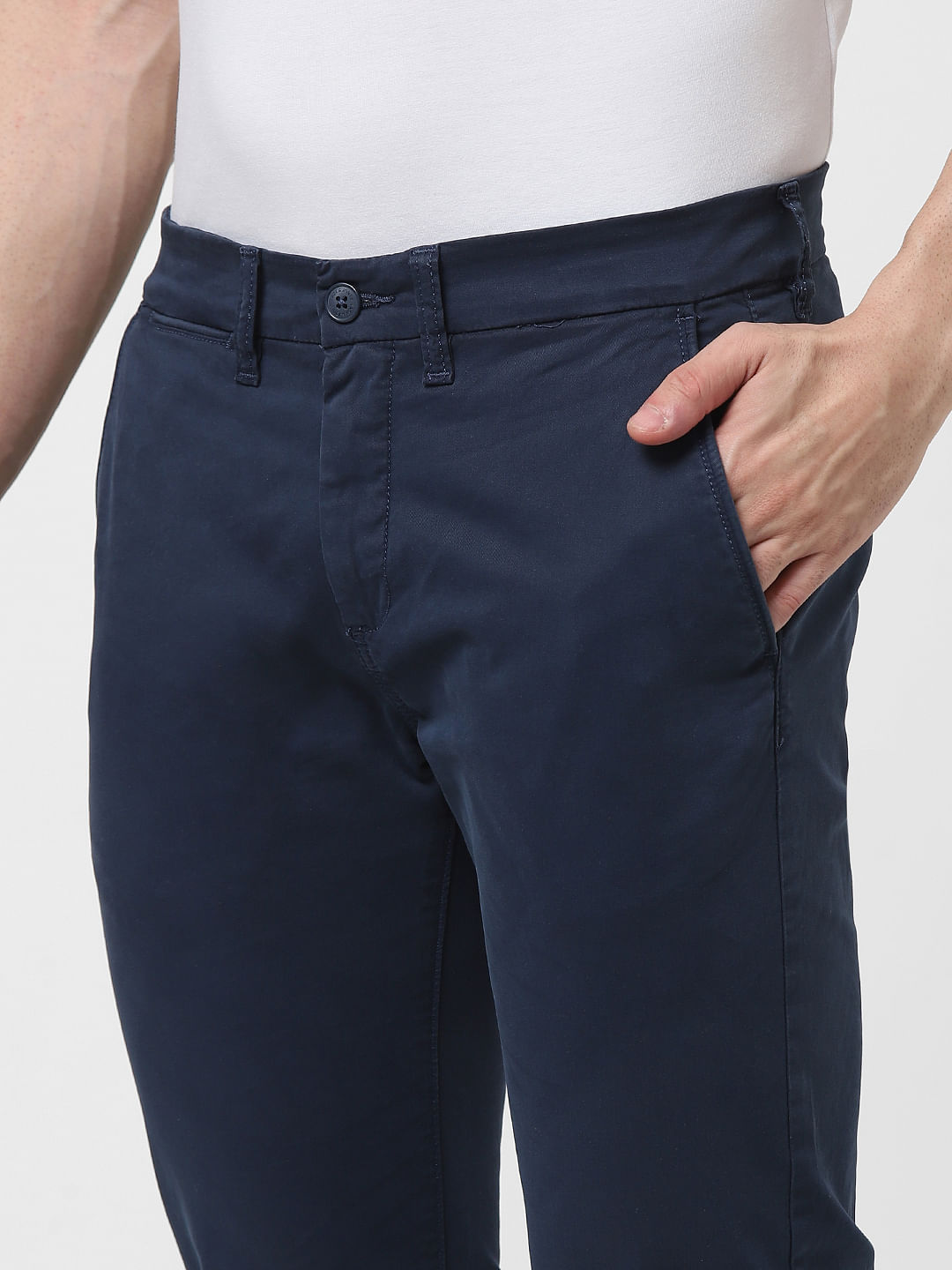 Bastoni Navy Blue Slim Fit Cotton Pants | BOJONI