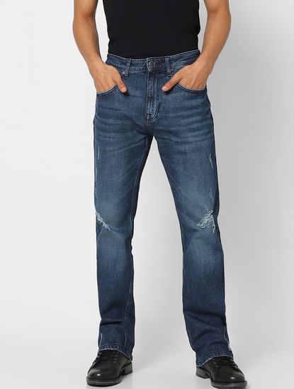 Dark Blue Low Rise Distressed Bootcut Jeans